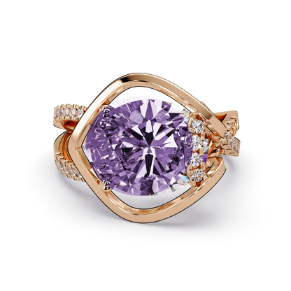 3.6 CTW Oval Sculptural Crossover Pavé Colorstone Ring with Amethyst Purple center in 14K Rose Gold – Lunéa Paris