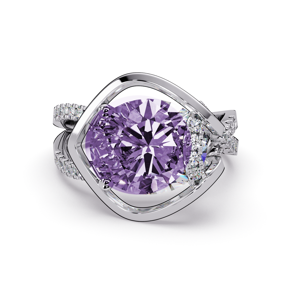 3.6 CTW Oval Sculptural Crossover Pavé Colorstone Ring with Amethyst Purple center in 14K White Gold – Lunéa Paris