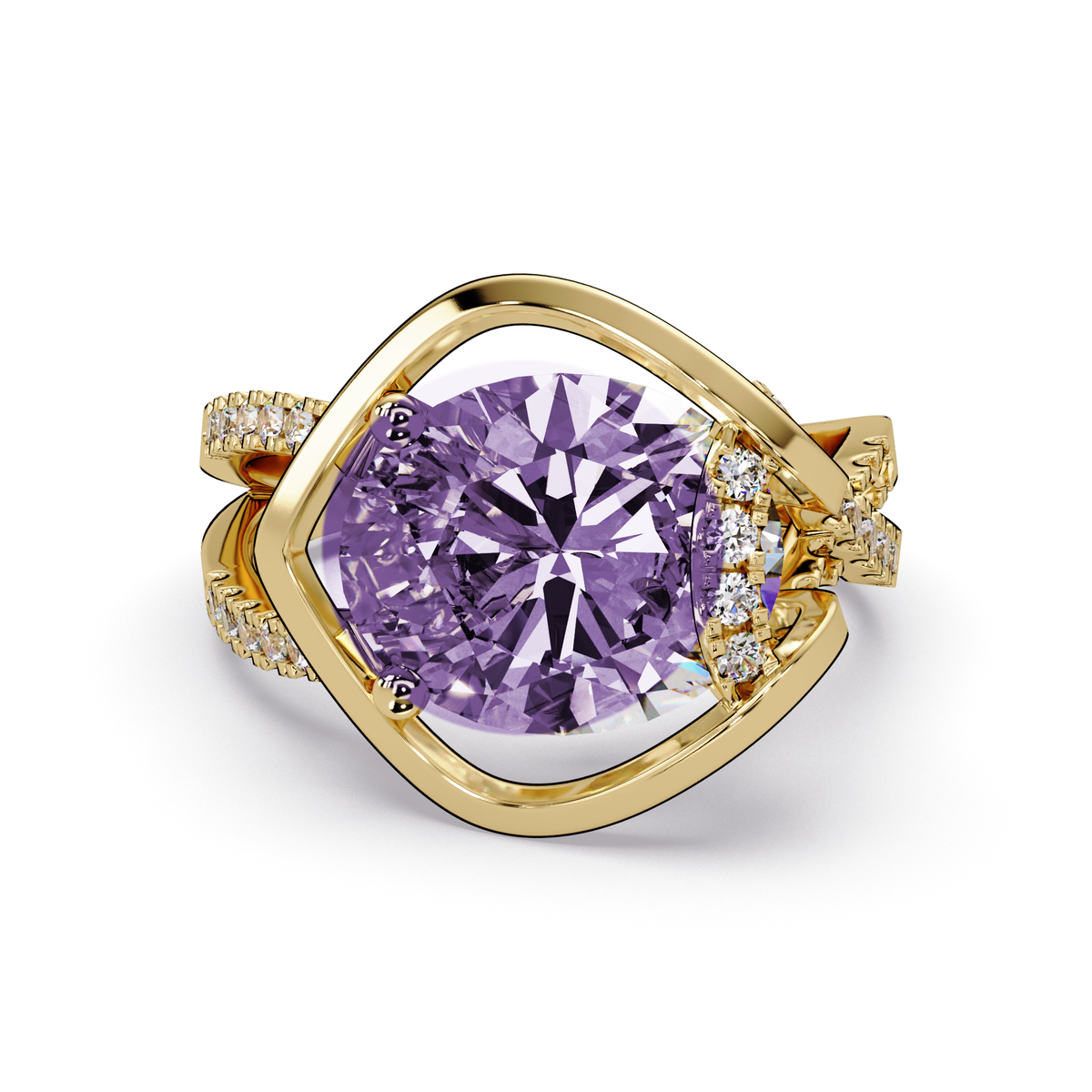 3.6 CTW Oval Sculptural Crossover Pavé Colorstone Ring with Amethyst Purple center in 14K Yellow Gold – Lunéa Paris