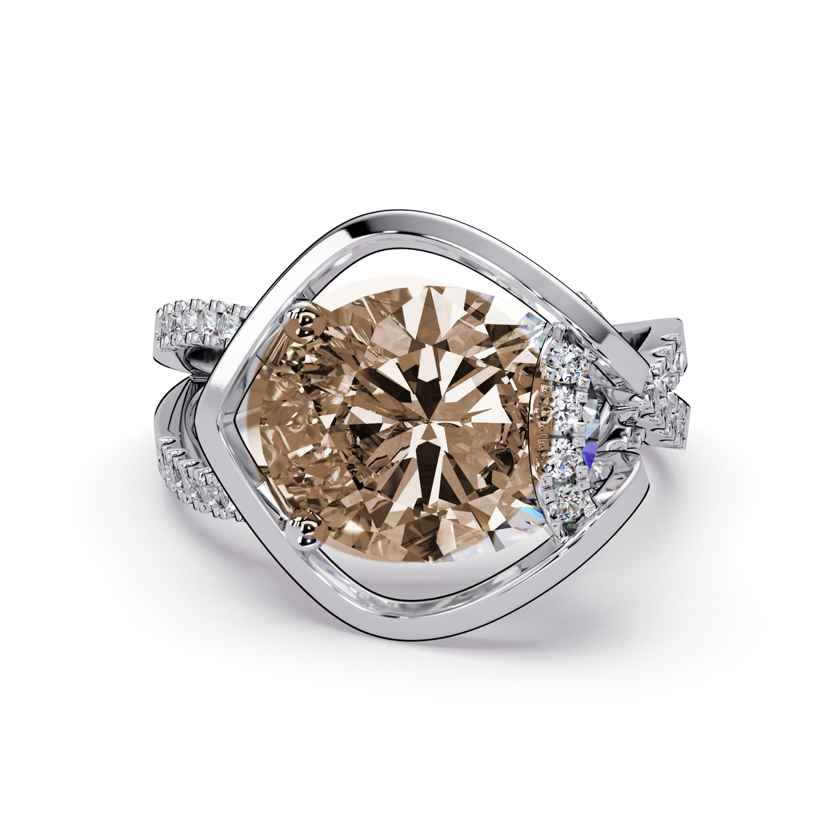 3.6 CTW Oval Sculptural Crossover Pavé Colorstone Ring with Champagne Topaz center in 14K White Gold – Lunéa Paris