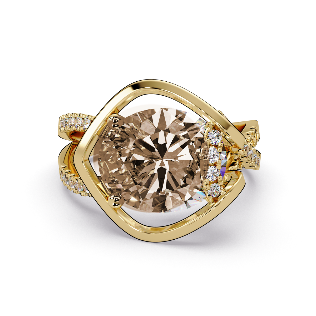 3.6 CTW Oval Sculptural Crossover Pavé Colorstone Ring with Champagne Topaz center in 14K Yellow Gold – Lunéa Paris