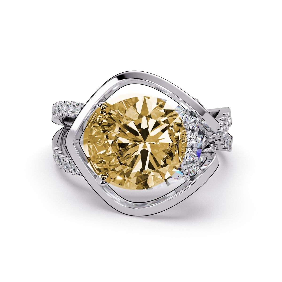 3.6 CTW Oval Sculptural Crossover Pavé Colorstone Ring with Citrine Yellow center in 14K White Gold – Lunéa Paris