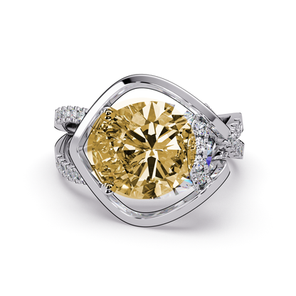3.6 CTW Oval Sculptural Crossover Pavé Colorstone Ring with Citrine Yellow center in 14K White Gold – Lunéa Paris