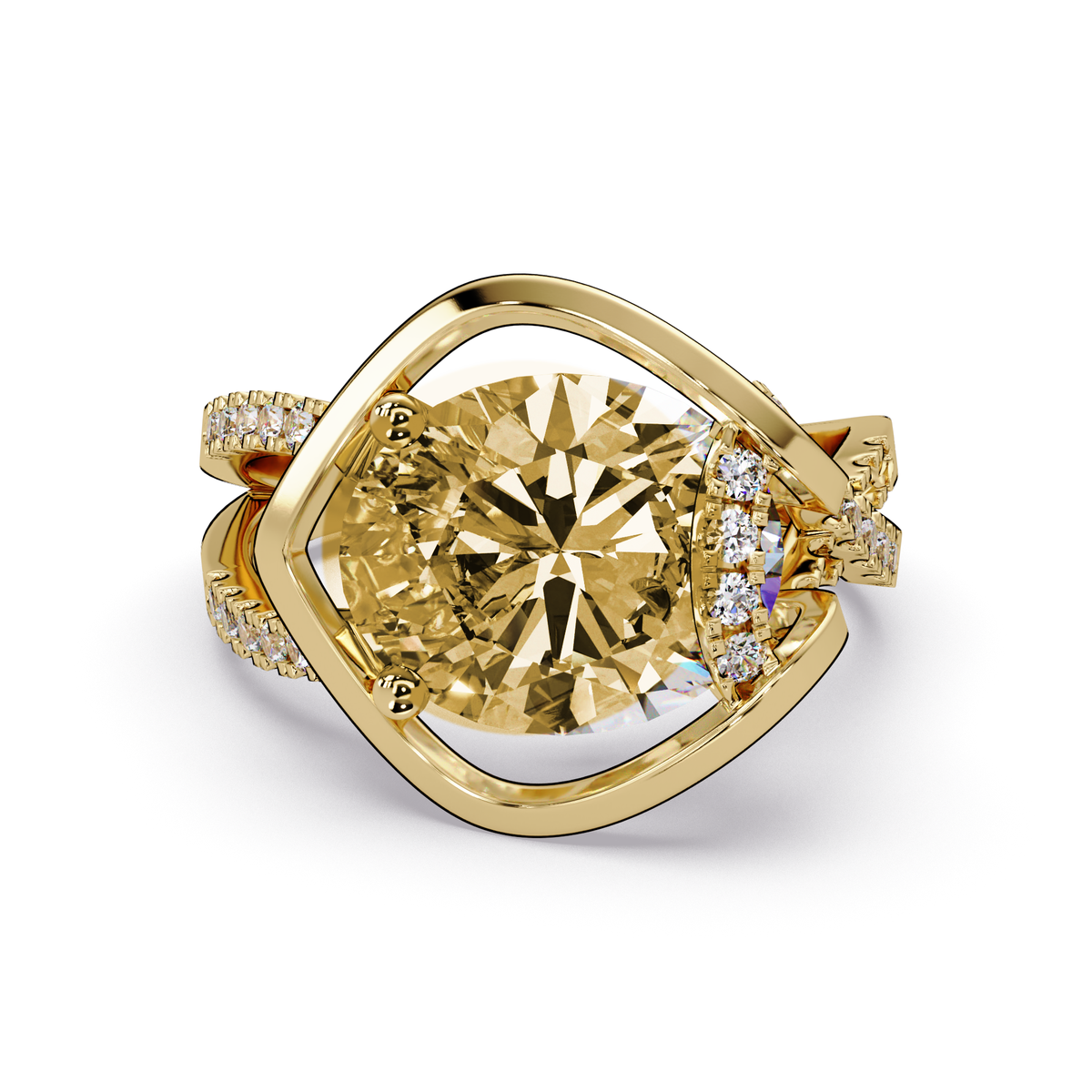 3.6 CTW Oval Sculptural Crossover Pavé Colorstone Ring with Citrine Yellow center in 14K Yellow Gold – Lunéa Paris