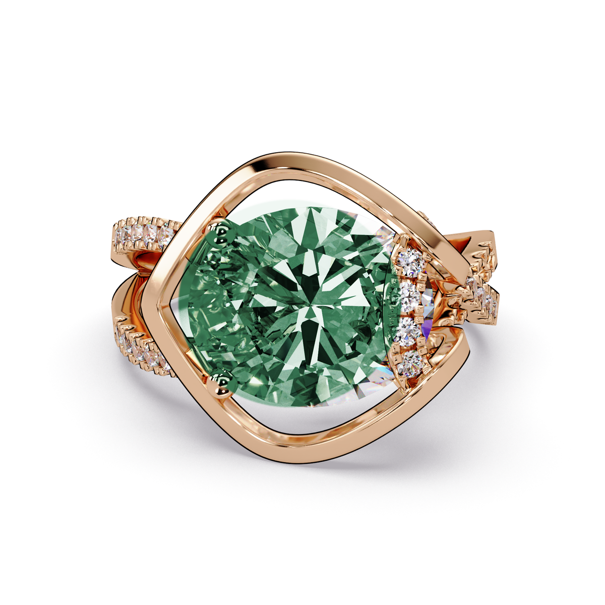 3.6 CTW Oval Sculptural Crossover Pavé Colorstone Ring with Emerald Green center in 14K Rose Gold – Lunéa Paris
