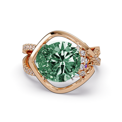 3.6 CTW Oval Sculptural Crossover Pavé Colorstone Ring with Emerald Green center in 14K Rose Gold – Lunéa Paris