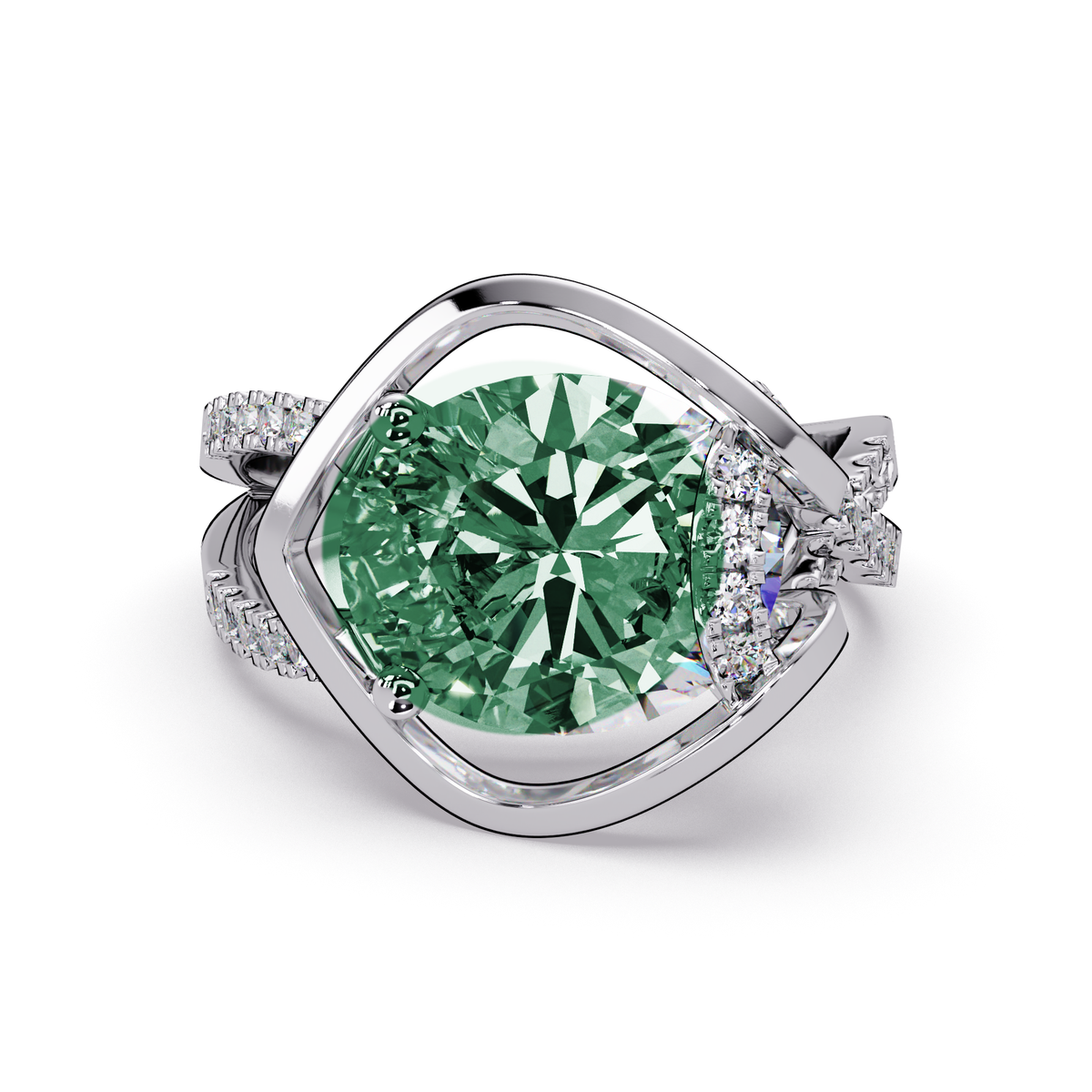 3.6 CTW Oval Sculptural Crossover Pavé Colorstone Ring with Emerald Green center in 14K White Gold – Lunéa Paris