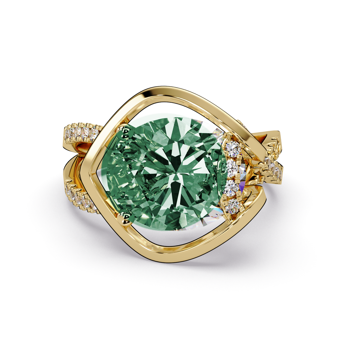 3.6 CTW Oval Sculptural Crossover Pavé Colorstone Ring with Emerald Green center in 14K Yellow Gold – Lunéa Paris