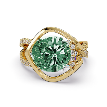 3.6 CTW Oval Sculptural Crossover Pavé Colorstone Ring with Emerald Green center in 14K Yellow Gold – Lunéa Paris