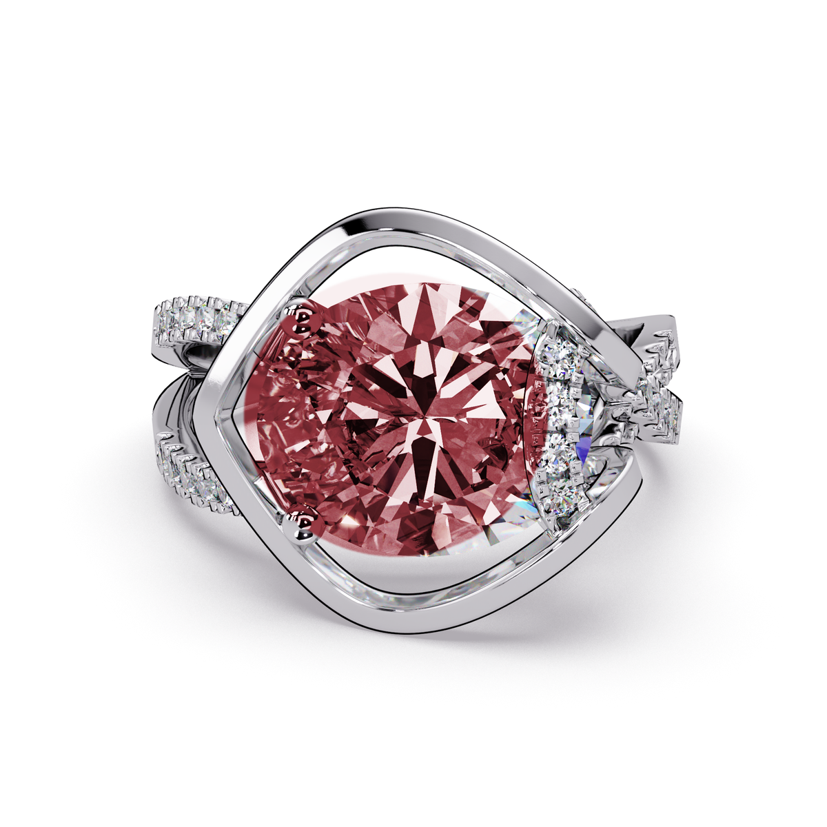 3.6 CTW Oval Sculptural Crossover Pavé Colorstone Ring with Ruby Red center in 14K White Gold – Lunéa Paris