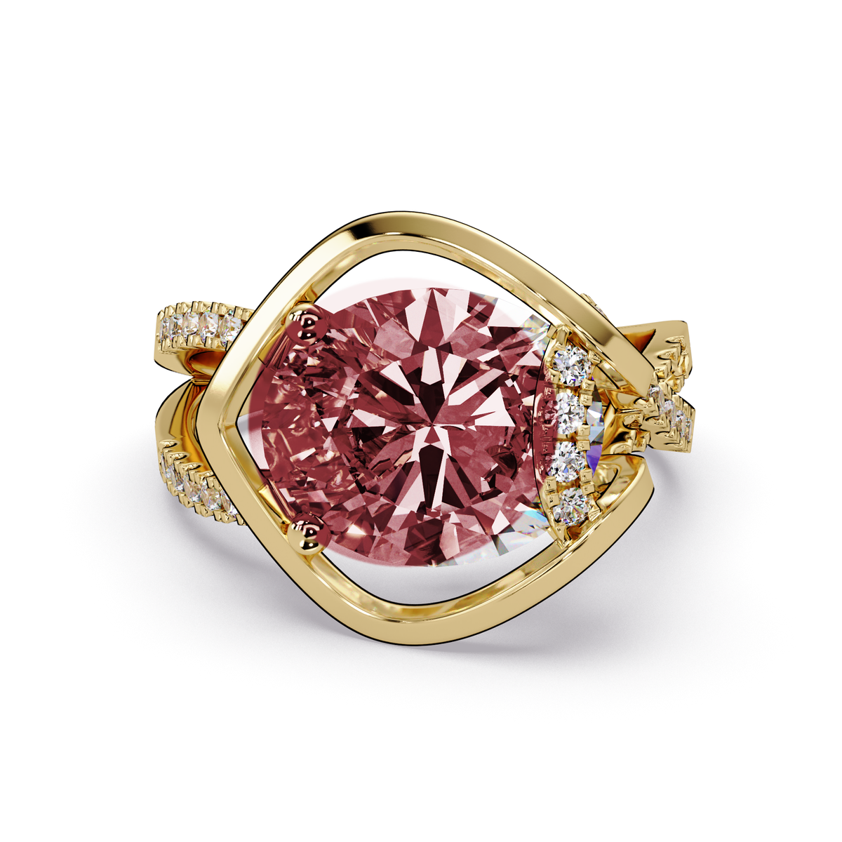 3.6 CTW Oval Sculptural Crossover Pavé Colorstone Ring with Ruby Red center in 14K Yellow Gold – Lunéa Paris