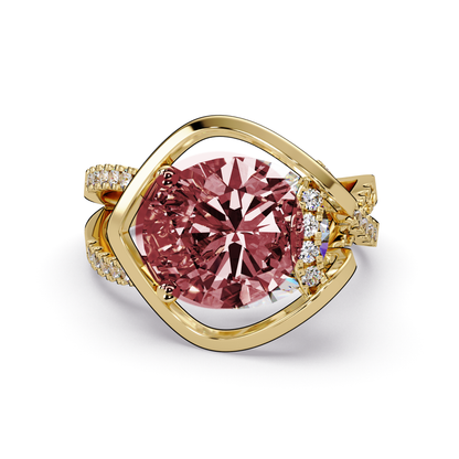 3.6 CTW Oval Sculptural Crossover Pavé Colorstone Ring with Ruby Red center in 14K Yellow Gold – Lunéa Paris