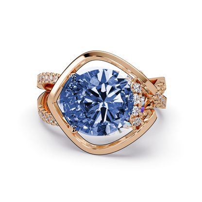 3.6 CTW Oval Sculptural Crossover Pavé Colorstone Ring with Sapphire Blue center in 14K Rose Gold – Lunéa Paris