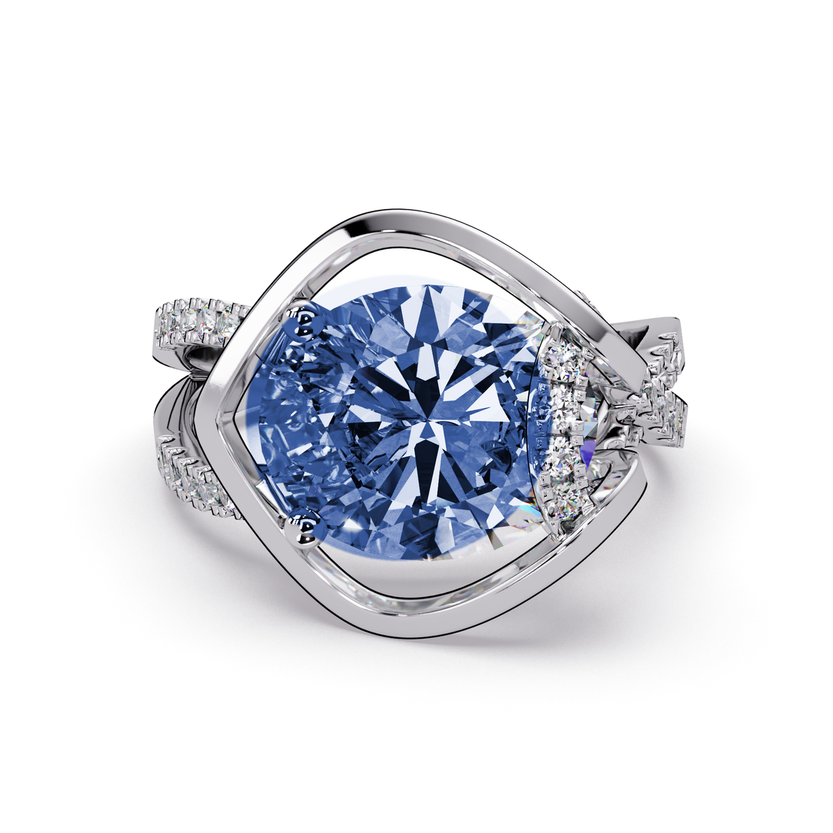 3.6 CTW Oval Sculptural Crossover Pavé Colorstone Ring with Sapphire Blue center in 14K White Gold – Lunéa Paris