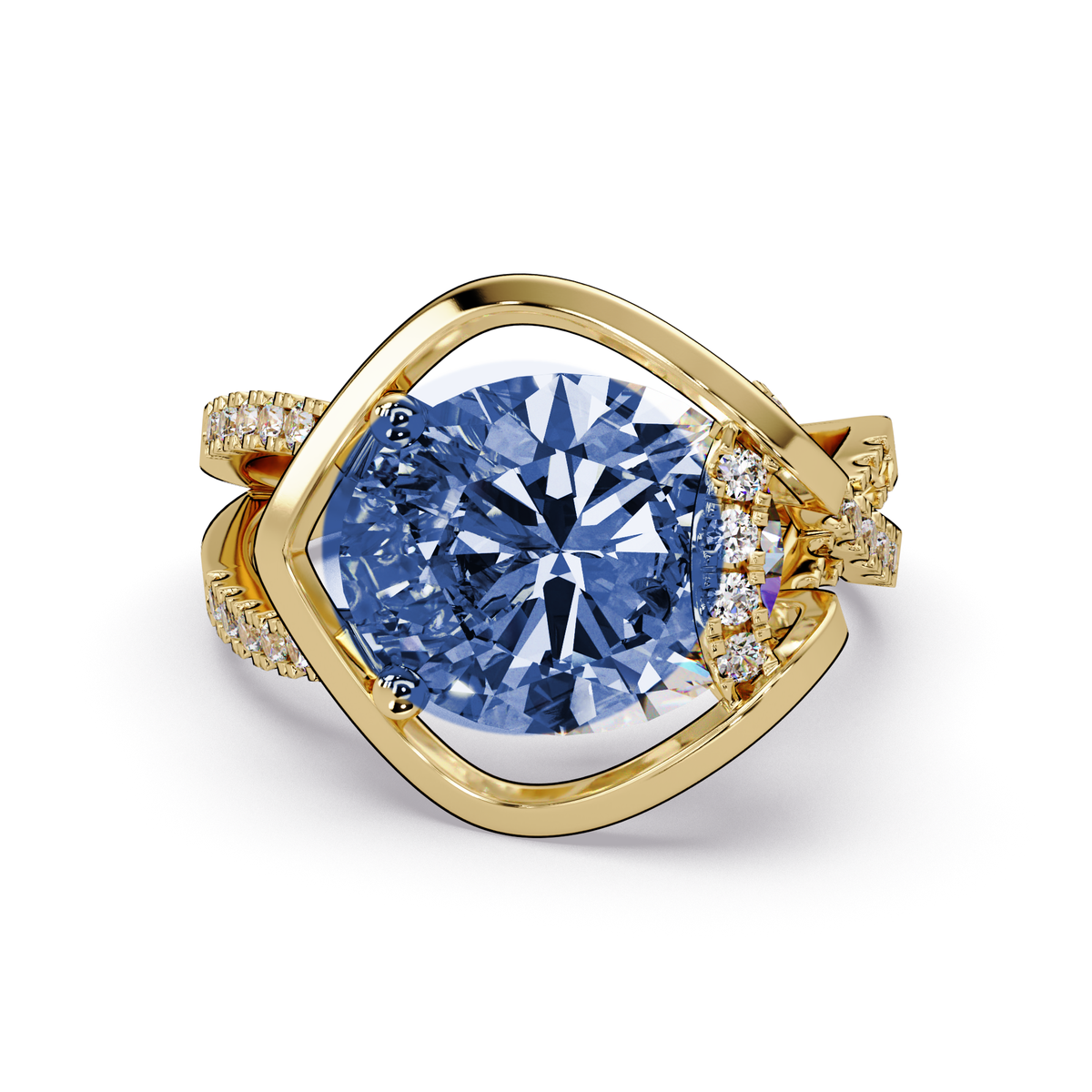 3.6 CTW Oval Sculptural Crossover Pavé Colorstone Ring with Sapphire Blue center in 14K Yellow Gold – Lunéa Paris