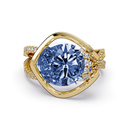 3.6 CTW Oval Sculptural Crossover Pavé Colorstone Ring with Sapphire Blue center in 14K Yellow Gold – Lunéa Paris