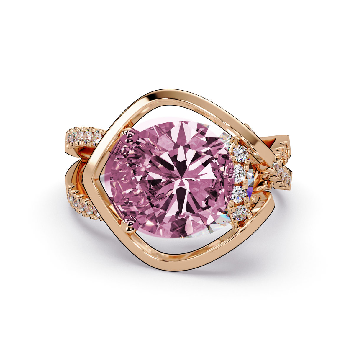 3.6 CTW Oval Sculptural Crossover Pavé Colorstone Ring with Tourmaline Pink center in 14K Rose Gold – Lunéa Paris