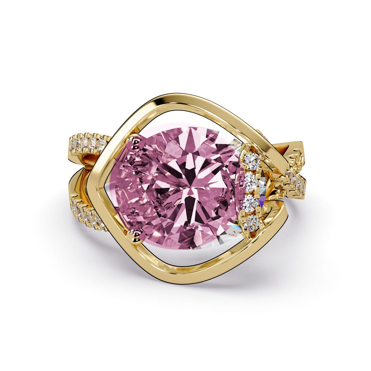3.6 CTW Oval Sculptural Crossover Pavé Colorstone Ring with Tourmaline Pink center in 14K Yellow Gold – Lunéa Paris