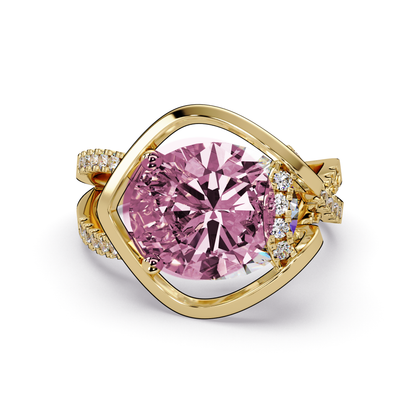 3.6 CTW Oval Sculptural Crossover Pavé Colorstone Ring with Tourmaline Pink center in 14K Yellow Gold – Lunéa Paris
