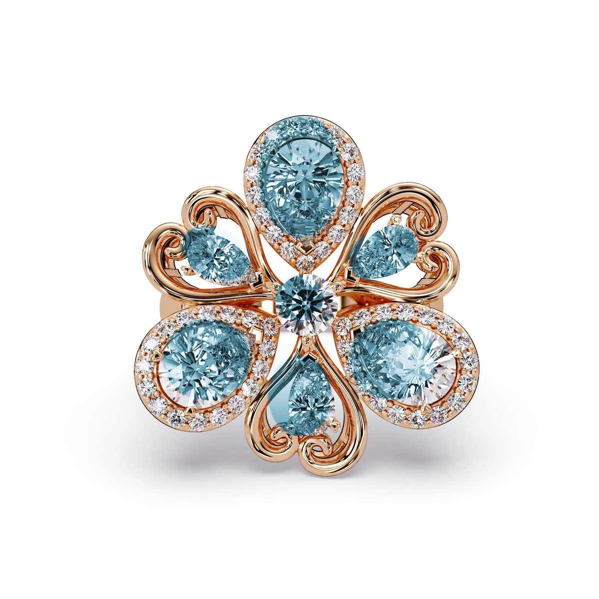 2.9 CTW Pear & Round Floral Pavé Colorstone Ring with Aquamarine Blue colorstones in 14K Rose Gold – Lunéa Paris