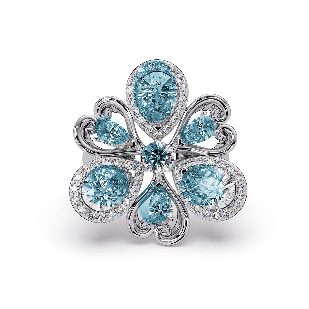 2.9 CTW Pear & Round Floral Pavé Colorstone Ring with Aquamarine Blue colorstones in 14K White Gold – Lunéa Paris