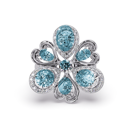 2.9 CTW Pear & Round Floral Pavé Colorstone Ring with Aquamarine Blue colorstones in 14K White Gold – Lunéa Paris