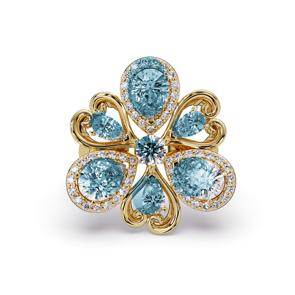 2.9 CTW Pear & Round Floral Pavé Colorstone Ring with Aquamarine Blue colorstones in 14K Yellow Gold – Lunéa Paris