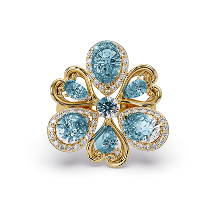 2.9 CTW Pear & Round Floral Pavé Colorstone Ring with Aquamarine Blue colorstones in 14K Yellow Gold – Lunéa Paris