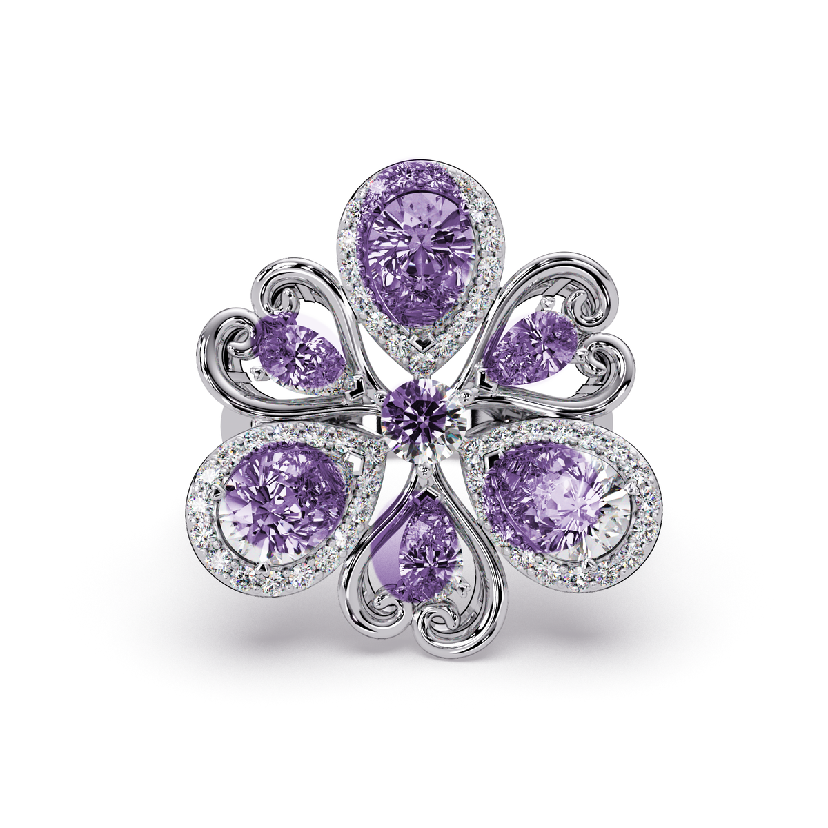 2.9 CTW Pear & Round Floral Pavé Colorstone Ring with Amethyst Purple colorstones in 14K White Gold – Lunéa Paris