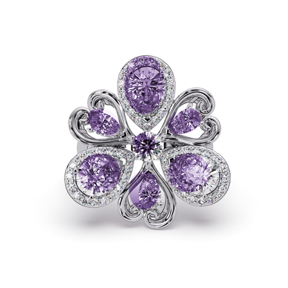 2.9 CTW Pear & Round Floral Pavé Colorstone Ring with Amethyst Purple colorstones in 14K White Gold – Lunéa Paris