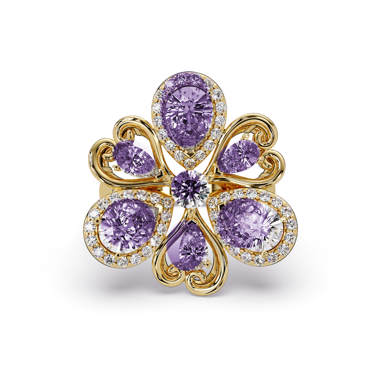 2.9 CTW Pear & Round Floral Pavé Colorstone Ring with Amethyst Purple colorstones in 14K Yellow Gold – Lunéa Paris