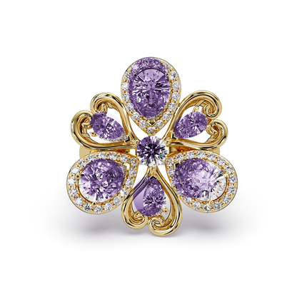 2.9 CTW Pear & Round Floral Pavé Colorstone Ring with Amethyst Purple colorstones in 14K Yellow Gold – Lunéa Paris