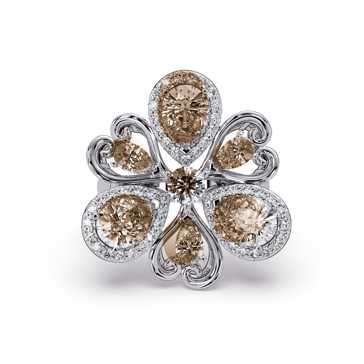 2.9 CTW Pear & Round Floral Pavé Colorstone Ring with Champagne Topaz colorstones in 14K White Gold – Lunéa Paris