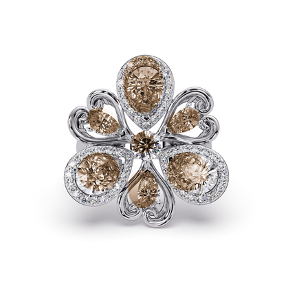 2.9 CTW Pear & Round Floral Pavé Colorstone Ring with Champagne Topaz colorstones in 14K White Gold – Lunéa Paris