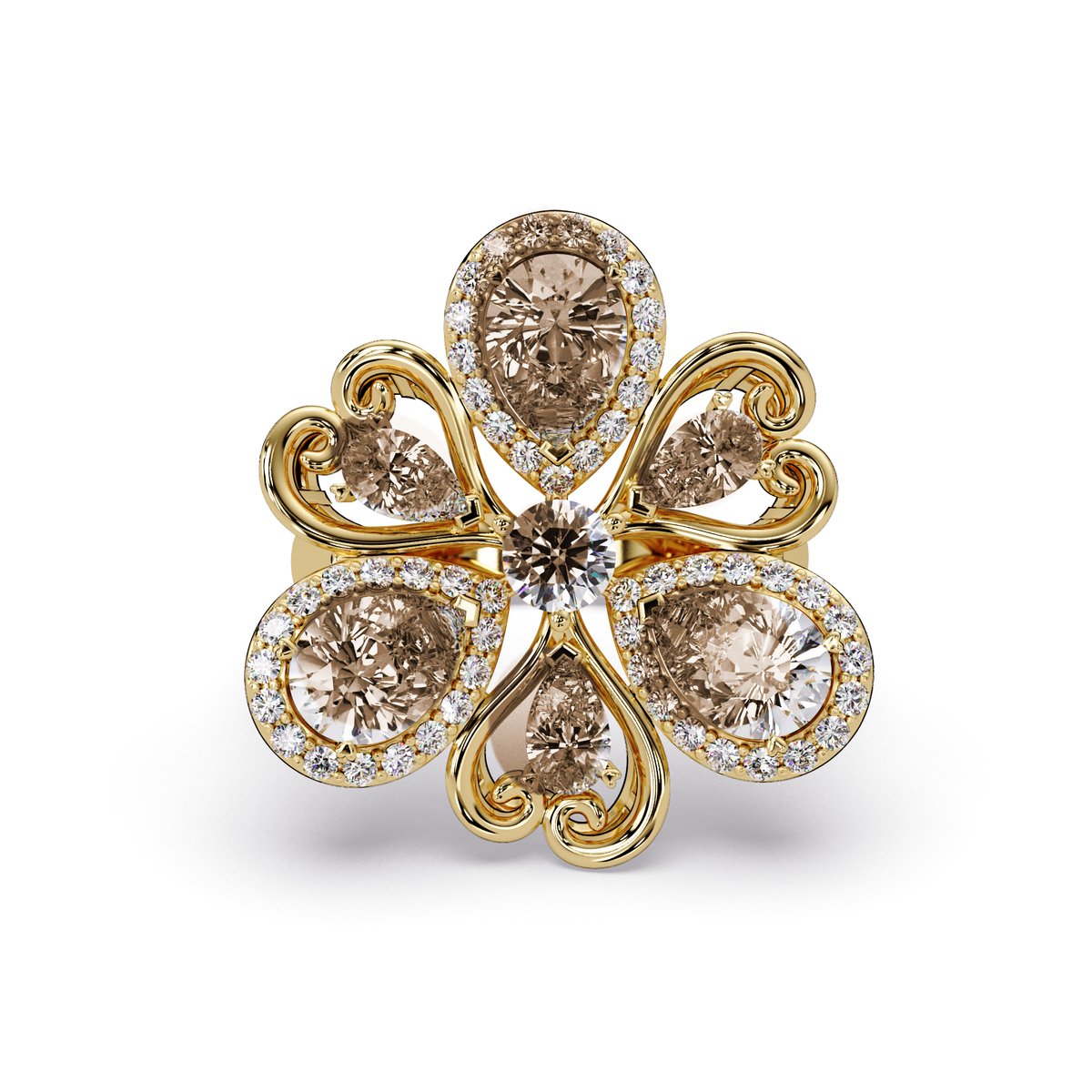 2.9 CTW Pear & Round Floral Pavé Colorstone Ring with Champagne Topaz colorstones in 14K Yellow Gold – Lunéa Paris