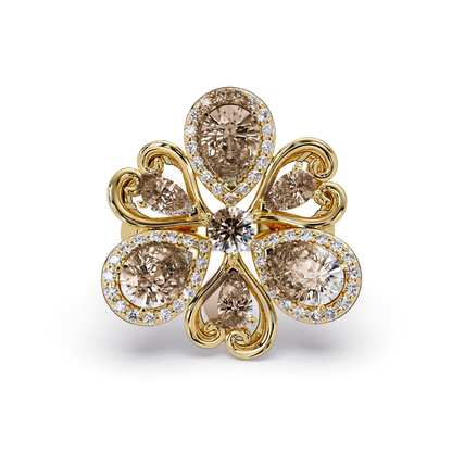 2.9 CTW Pear & Round Floral Pavé Colorstone Ring with Champagne Topaz colorstones in 14K Yellow Gold – Lunéa Paris