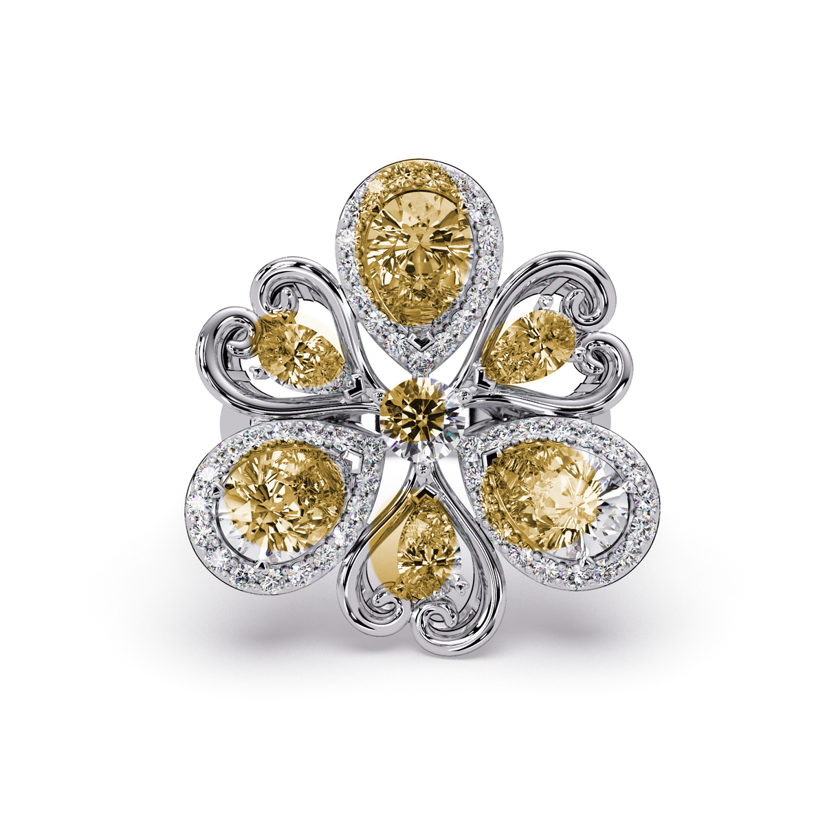 2.9 CTW Pear & Round Floral Pavé Colorstone Ring with Citrine Yellow colorstones in 14K White Gold – Lunéa Paris