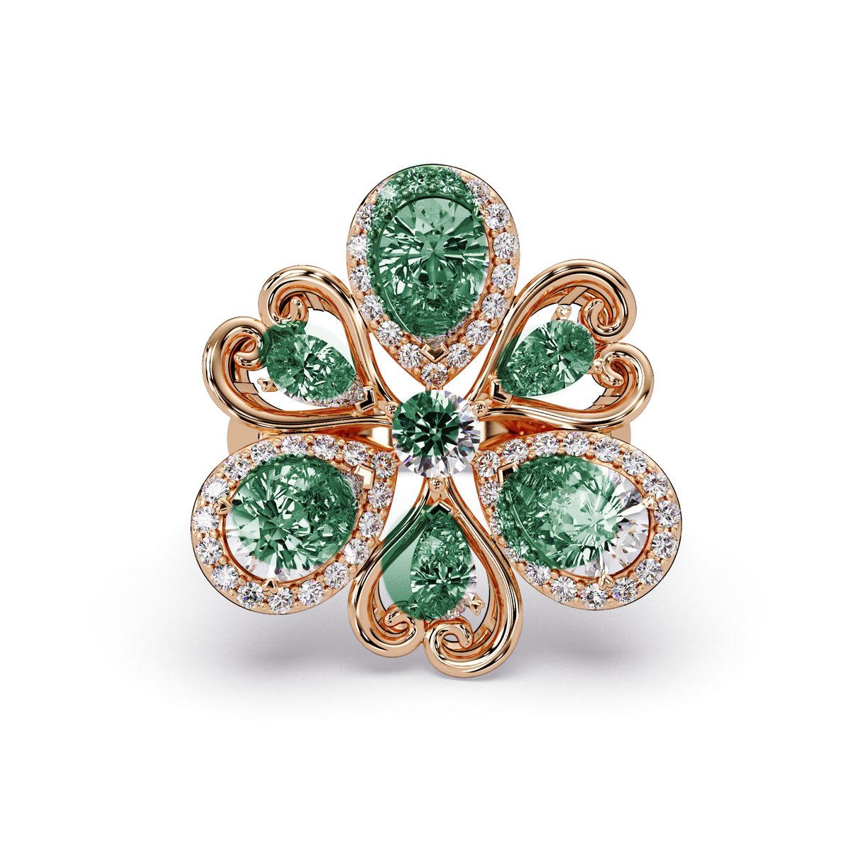 2.9 CTW Pear & Round Floral Pavé Colorstone Ring with Emerald Green colorstones in 14K Rose Gold – Lunéa Paris