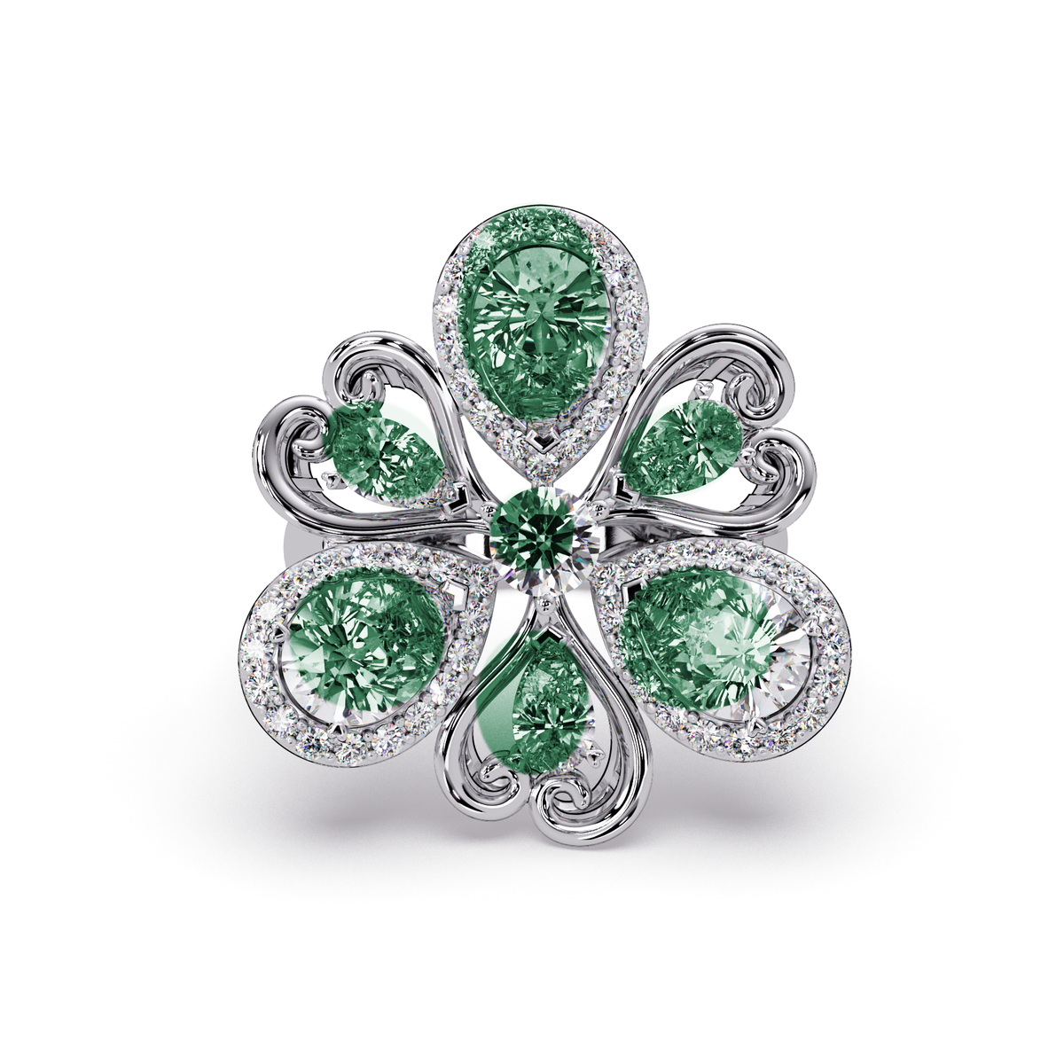 2.9 CTW Pear & Round Floral Pavé Colorstone Ring with Emerald Green colorstones in 14K White Gold – Lunéa Paris