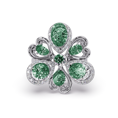 2.9 CTW Pear & Round Floral Pavé Colorstone Ring with Emerald Green colorstones in 14K White Gold – Lunéa Paris
