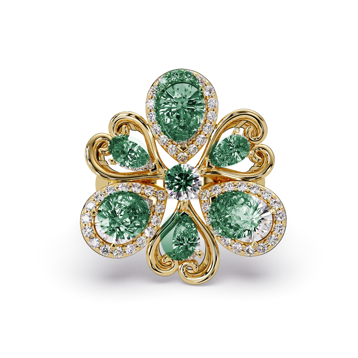 2.9 CTW Pear & Round Floral Pavé Colorstone Ring with Emerald Green colorstones in 14K Yellow Gold – Lunéa Paris