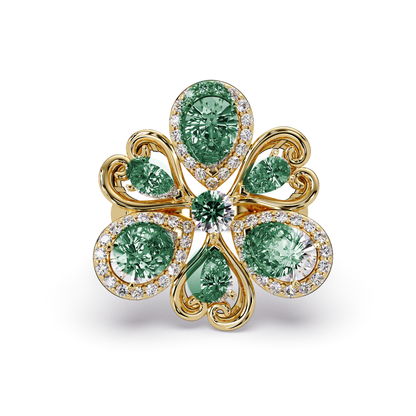 2.9 CTW Pear & Round Floral Pavé Colorstone Ring with Emerald Green colorstones in 14K Yellow Gold – Lunéa Paris