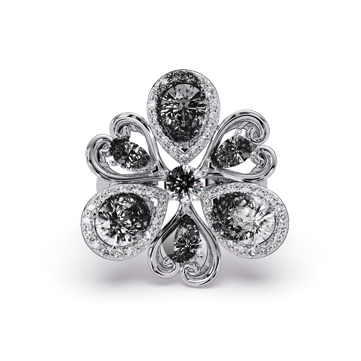 2.9 CTW Pear & Round Floral Pavé Colorstone Ring with Onyx colorstones in 14K White Gold – Lunéa Paris