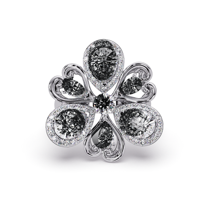 2.9 CTW Pear & Round Floral Pavé Colorstone Ring with Onyx colorstones in 14K White Gold – Lunéa Paris