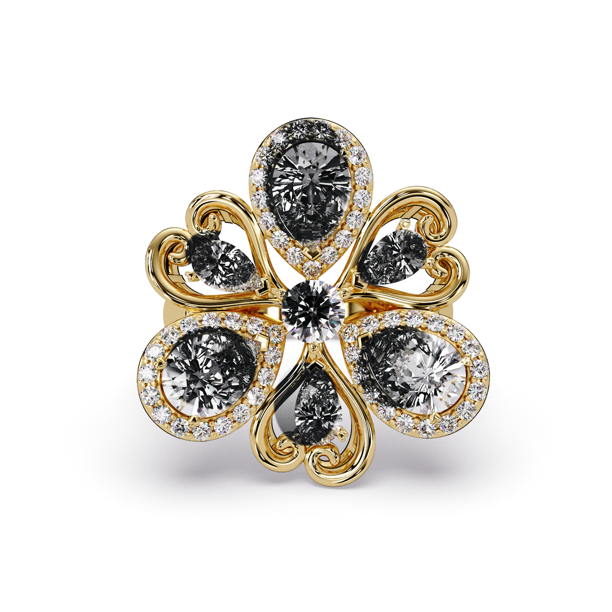2.9 CTW Pear & Round Floral Pavé Colorstone Ring with Onyx colorstones in 14K Yellow Gold – Lunéa Paris