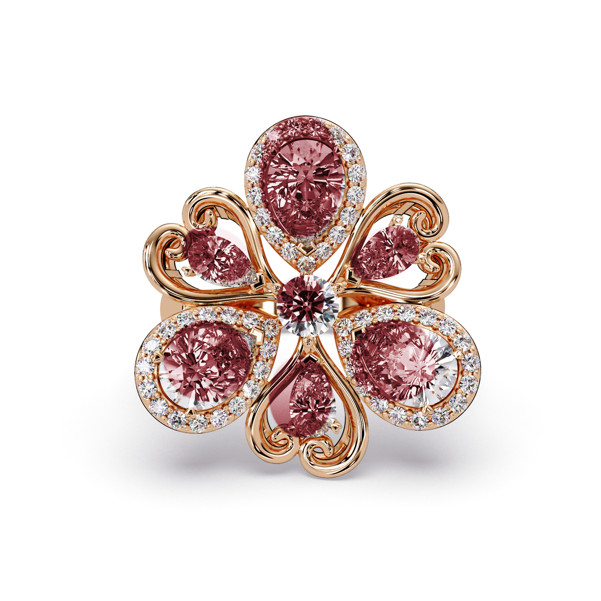 2.9 CTW Pear & Round Floral Pavé Colorstone Ring with Ruby Red colorstones in 14K Rose Gold – Lunéa Paris