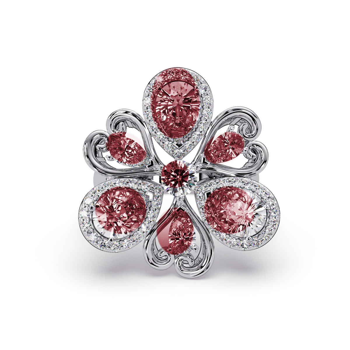 2.9 CTW Pear & Round Floral Pavé Colorstone Ring with Ruby Red colorstones in 14K White Gold – Lunéa Paris