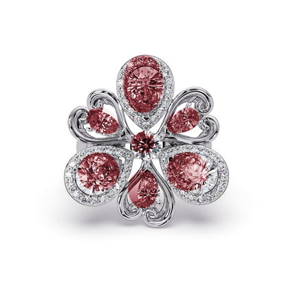 2.9 CTW Pear & Round Floral Pavé Colorstone Ring with Ruby Red colorstones in 14K White Gold – Lunéa Paris