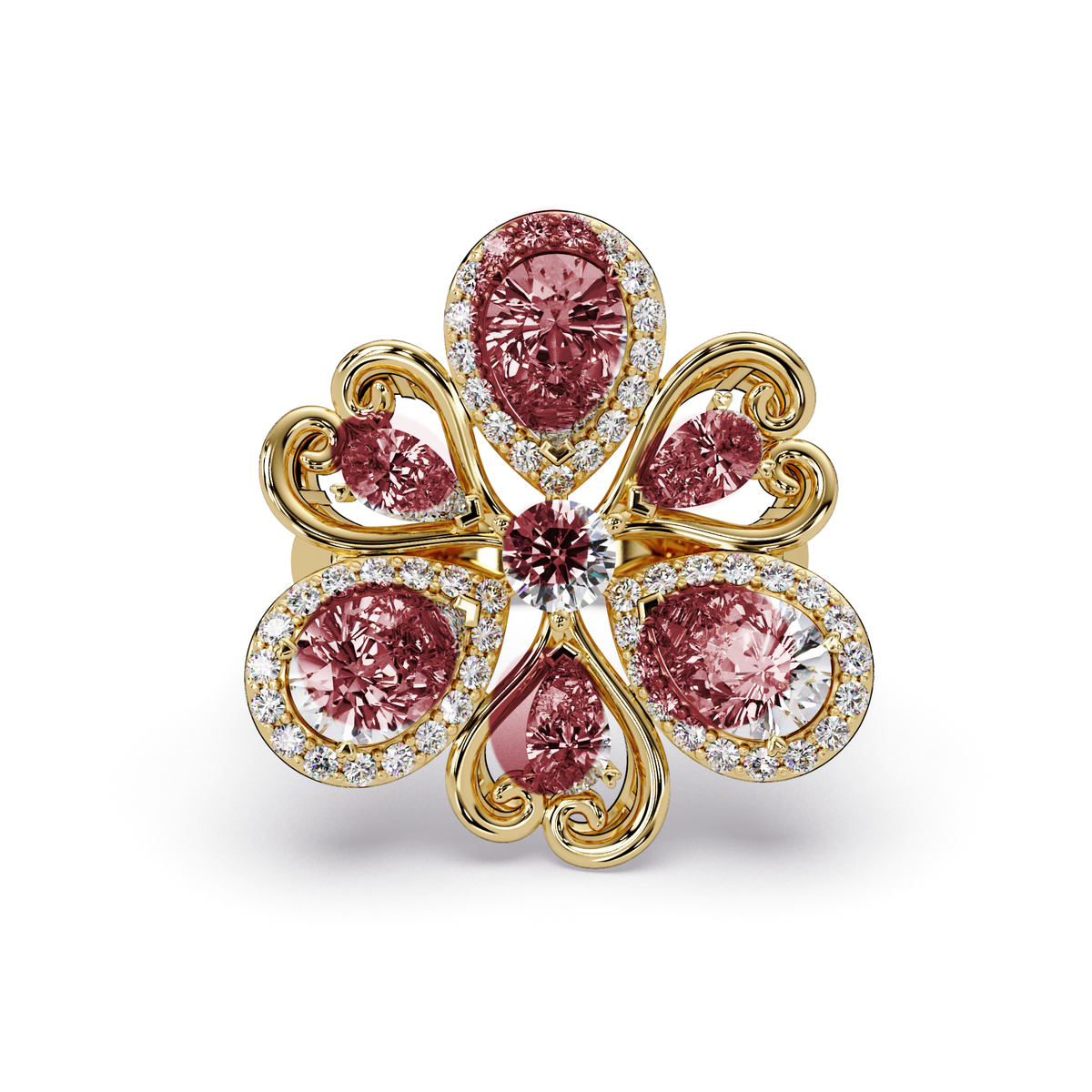 2.9 CTW Pear & Round Floral Pavé Colorstone Ring with Ruby Red colorstones in 14K Yellow Gold – Lunéa Paris