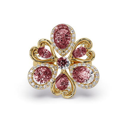 2.9 CTW Pear & Round Floral Pavé Colorstone Ring with Ruby Red colorstones in 14K Yellow Gold – Lunéa Paris